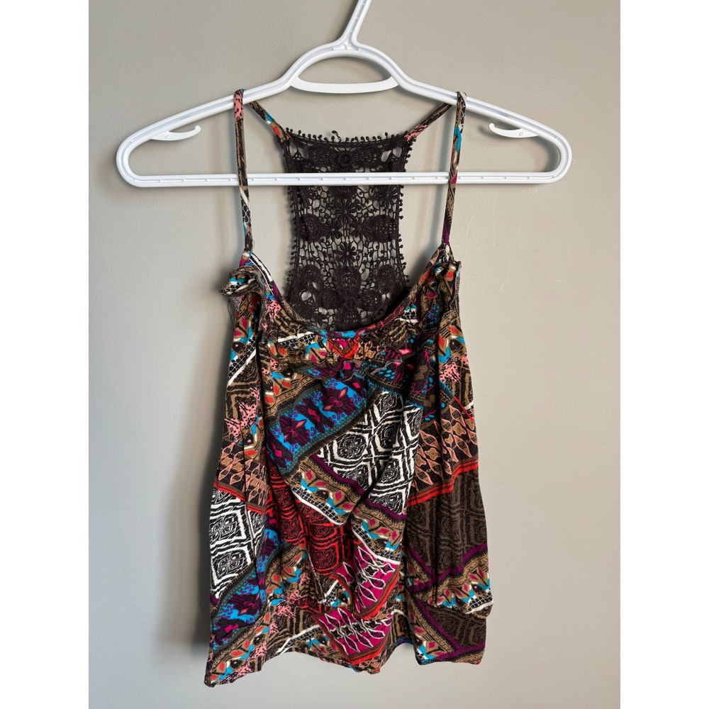 Forever 21 XXI Cami Tank Top Small Crochet Lace Racerback Boho Tribal Print Y2K